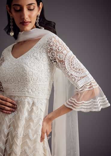 White Embroidered Peplum Kurta With Palazzo And Net Dupatta
