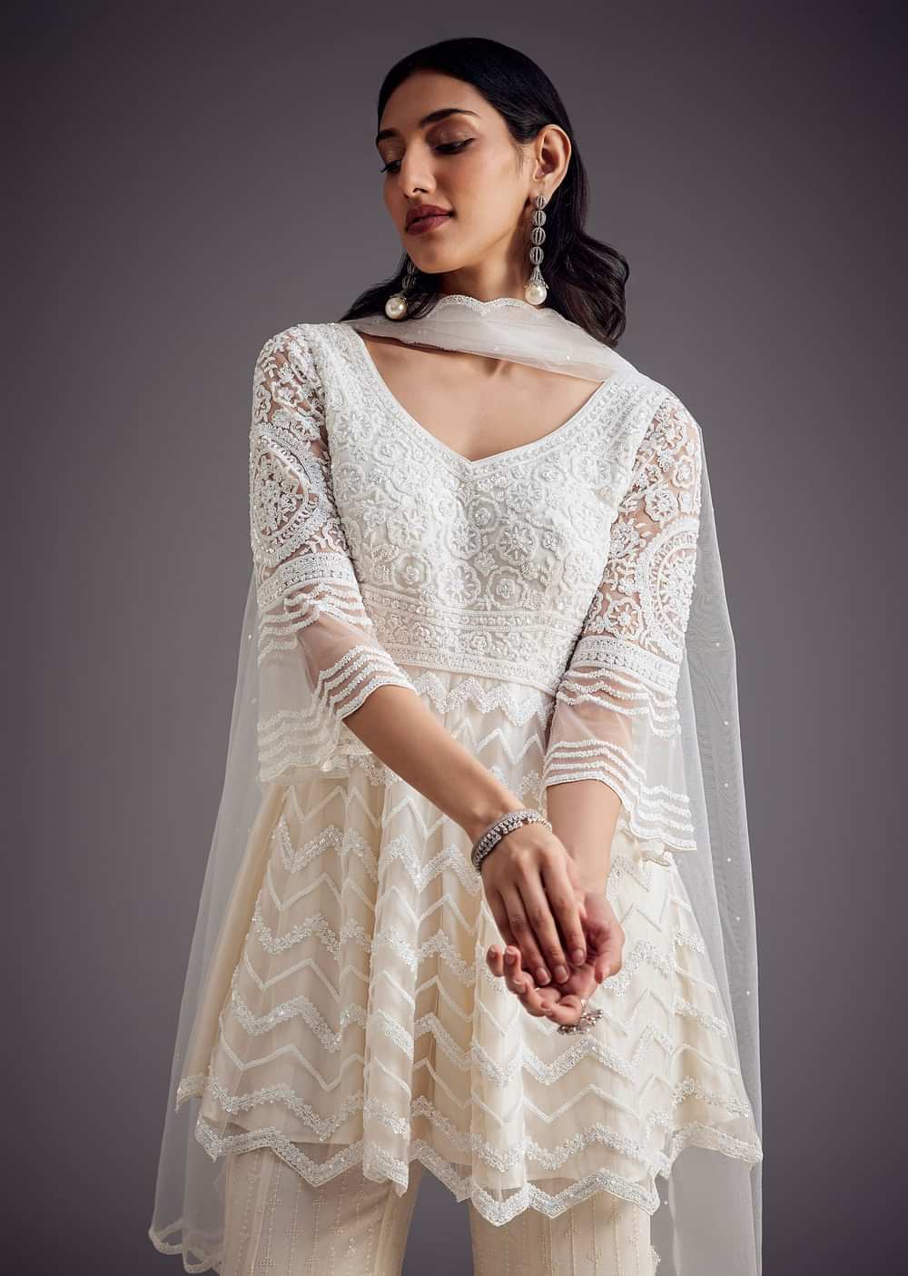 White Embroidered Peplum Kurta With Palazzo And Net Dupatta