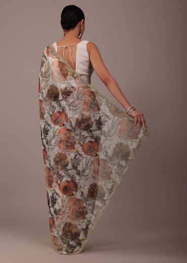 White Floral Printed Saree In Organza With Cut Dana Embroidery