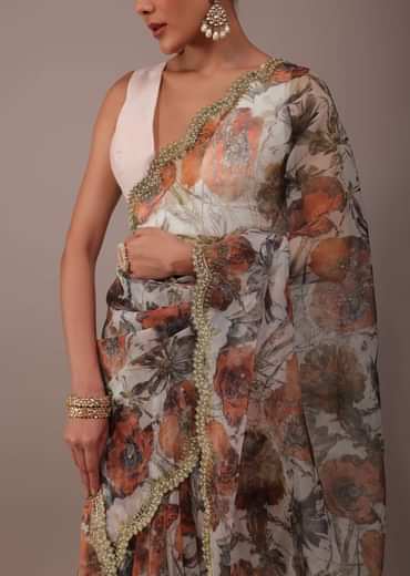 White Floral Printed Saree In Organza With Cut Dana Embroidery