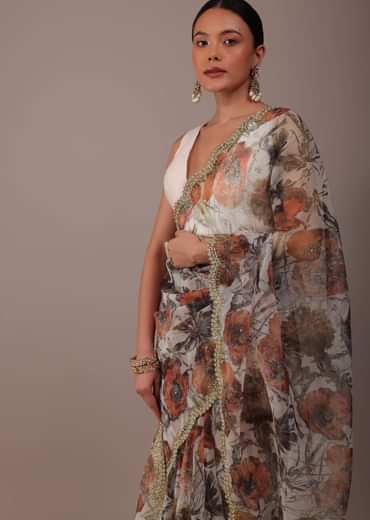 White Floral Printed Saree In Organza With Cut Dana Embroidery