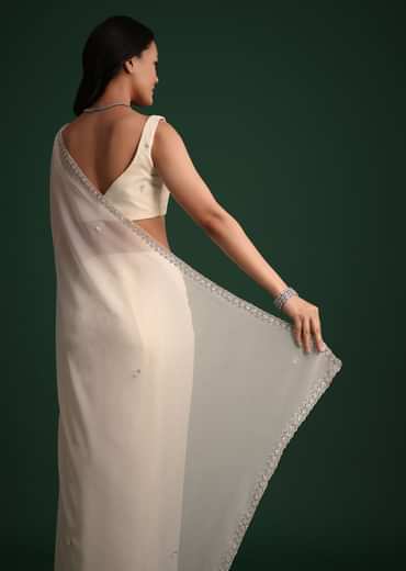 White Georgette Saree With Cutdana Embroidered Saree