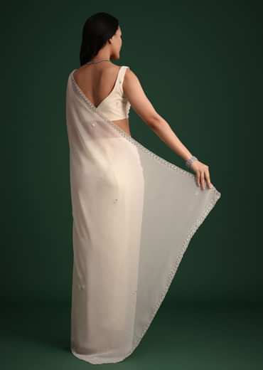 White Georgette Saree With Cutdana Embroidered Saree