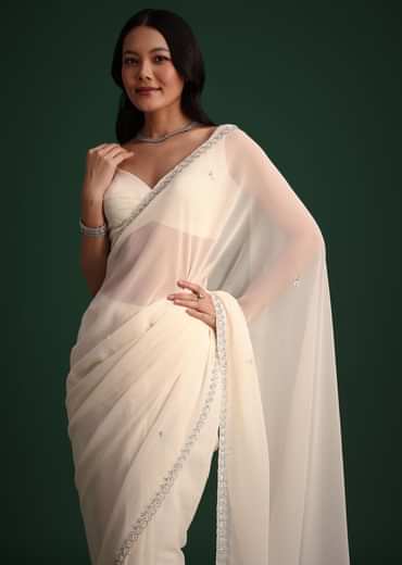 White Georgette Saree With Cutdana Embroidered Saree