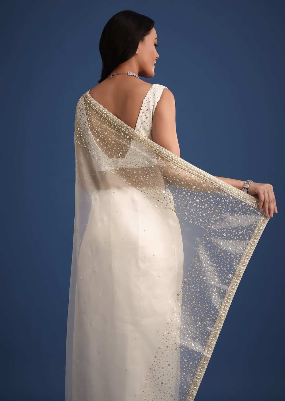 White Glass Tissue Saree With Sequin Embellishments
