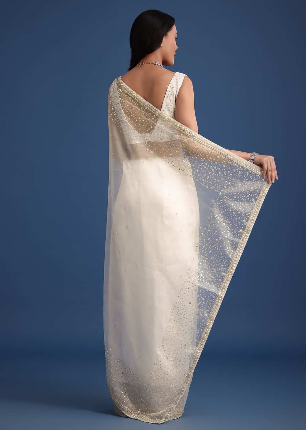 White Glass Tissue Saree With Sequin Embellishments