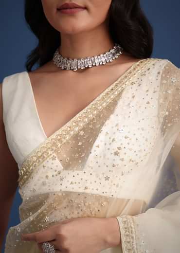 White Glass Tissue Saree With Sequin Embellishments