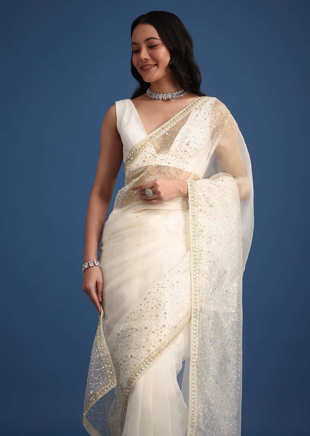 White Glass Tissue Saree With Sequin Embellishments
