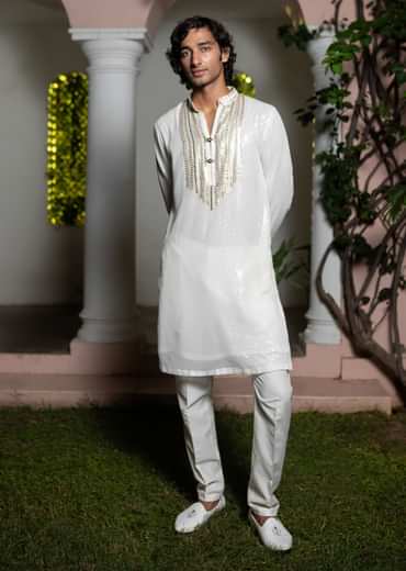 White Gold Sequin Kurta With Loose Fitted Pants