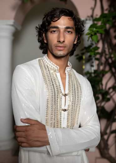 White Gold Sequin Kurta With Loose Fitted Pants