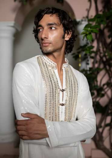 White Gold Sequin Kurta With Loose Fitted Pants