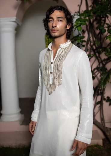 White Gold Sequin Kurta With Loose Fitted Pants