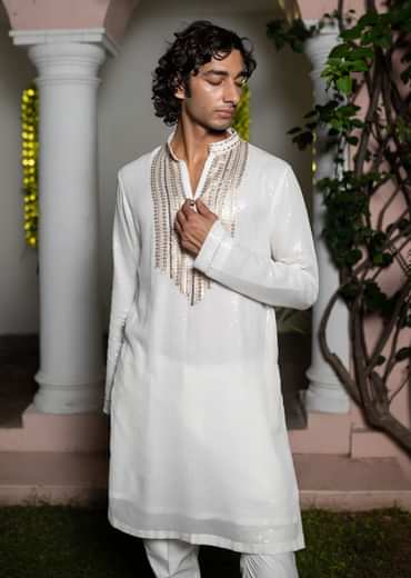 White Gold Sequin Kurta With Loose Fitted Pants