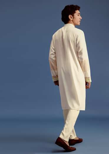 White Hand Block Printed Kurta Set With Zari Embroidery