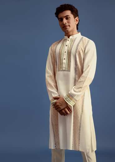 White Hand Block Printed Kurta Set With Zari Embroidery