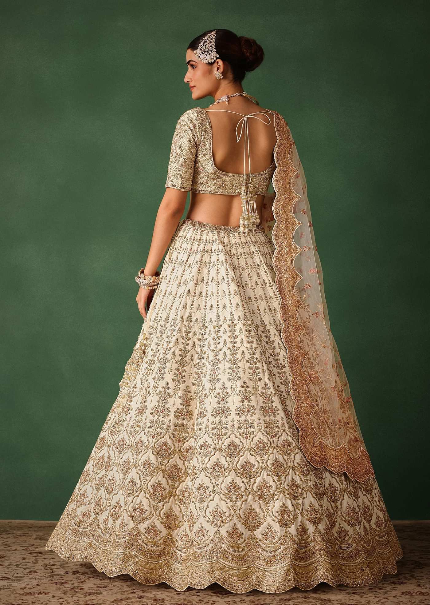 White Hand Embroidered Lehenga Set In Raw Silk
