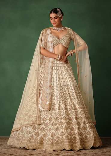 White Hand Embroidered Lehenga Set In Raw Silk