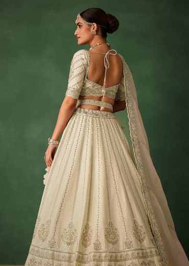 White Hand Embroidered Lehenga Set In Raw Silk With Dupatta
