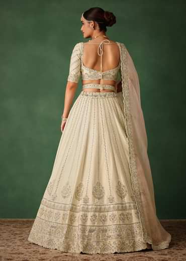 White Hand Embroidered Lehenga Set In Raw Silk With Dupatta