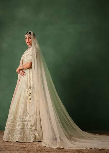 White Hand Embroidered Lehenga Set In Raw Silk With Dupatta