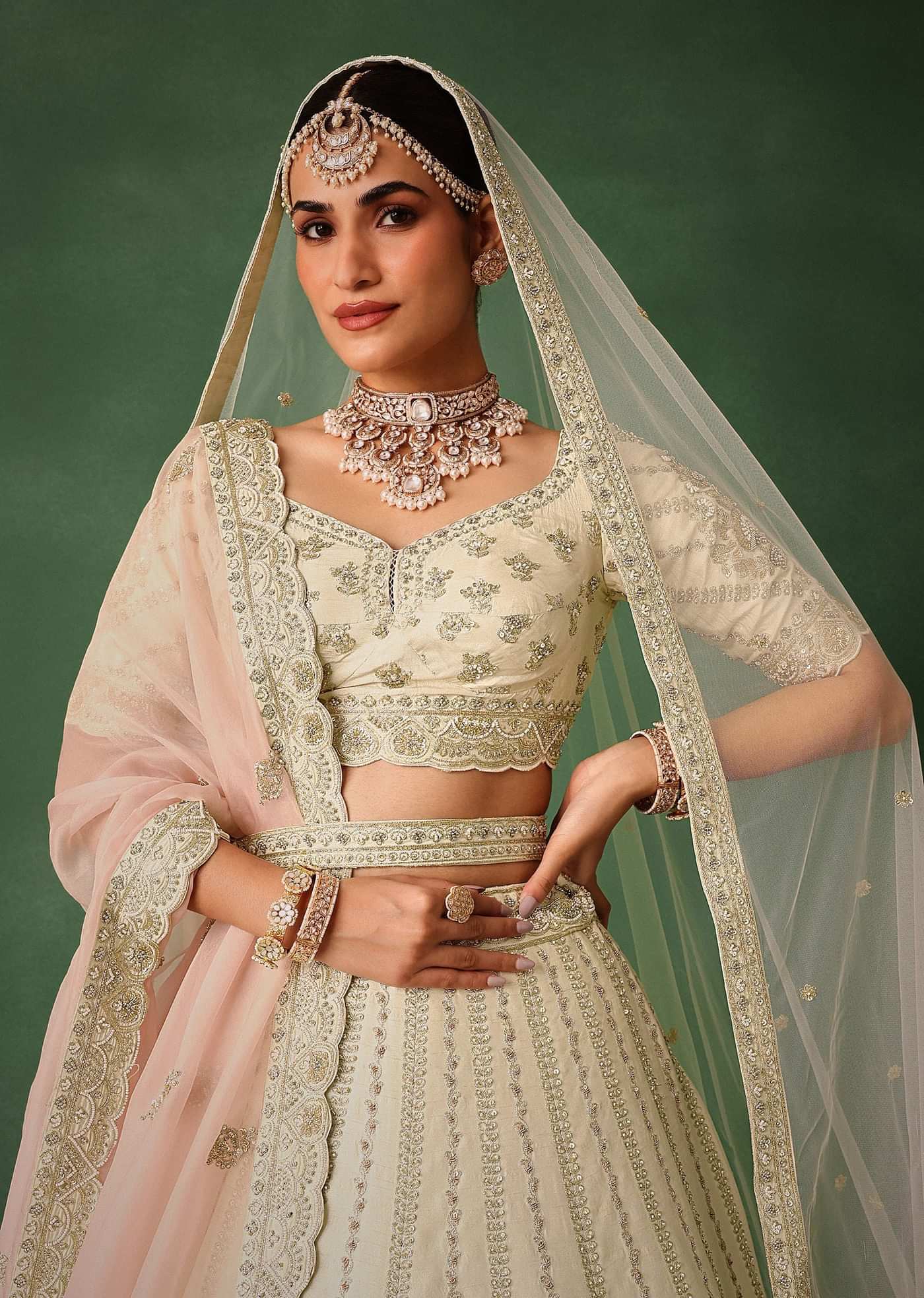 White Hand Embroidered Lehenga Set In Raw Silk With Dupatta