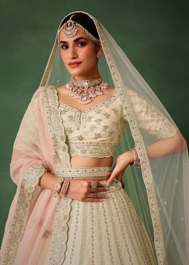 White Hand Embroidered Lehenga Set In Raw Silk With Dupatta