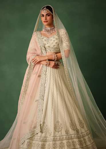 White Hand Embroidered Lehenga Set In Raw Silk With Dupatta