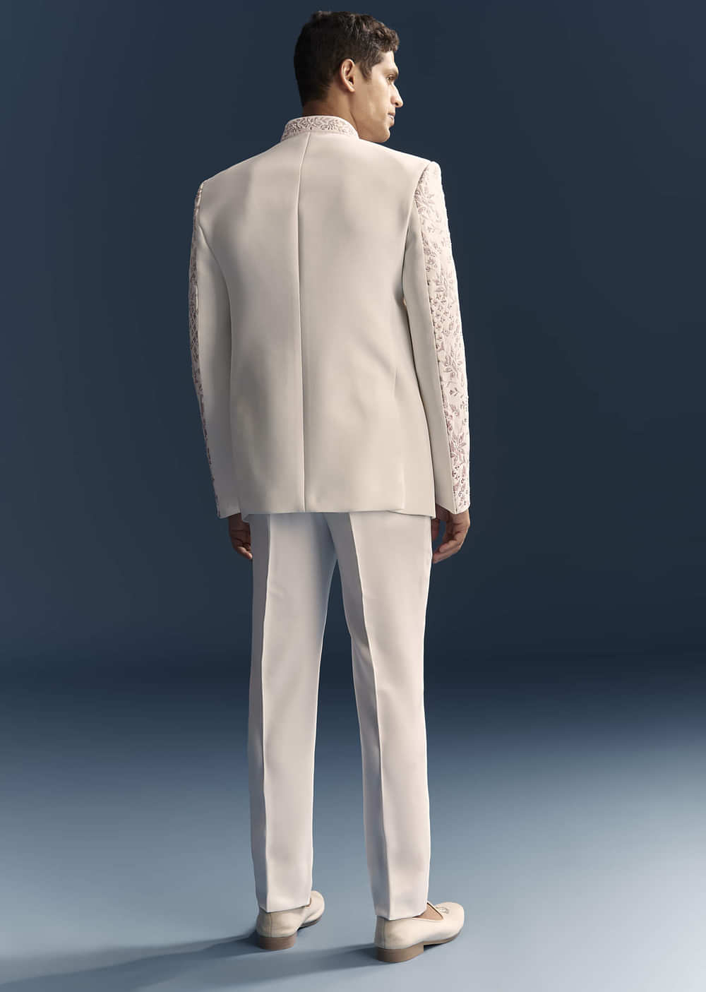 White Jodhpuri Suit For Men With Thread And Moti Embroidery