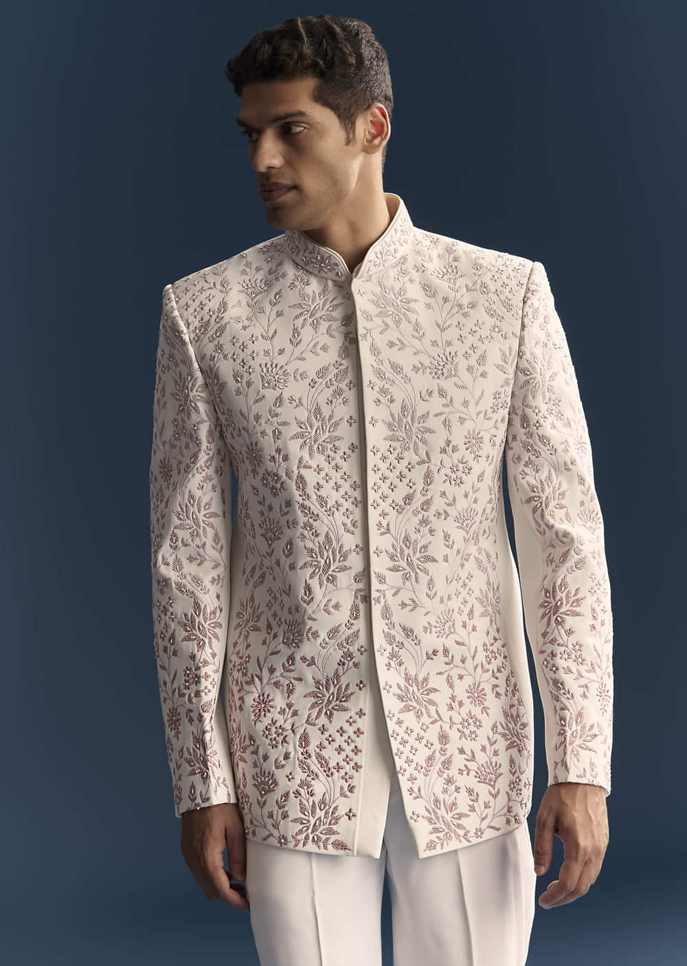 White Jodhpuri Suit For Men With Thread And Moti Embroidery