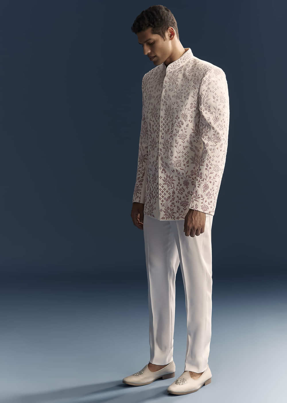 White Jodhpuri Suit For Men With Thread And Moti Embroidery