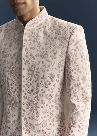 White Jodhpuri Suit For Men With Thread And Moti Embroidery