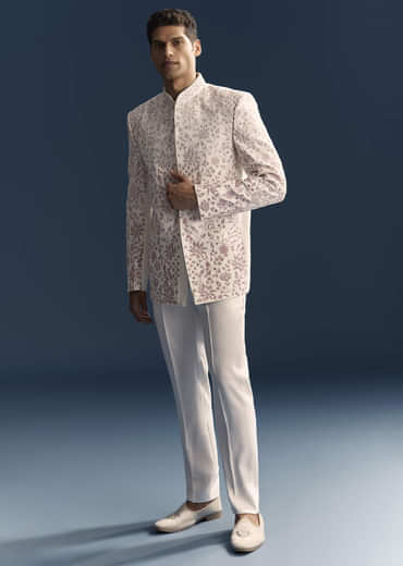 White Jodhpuri Suit For Men With Thread And Moti Embroidery