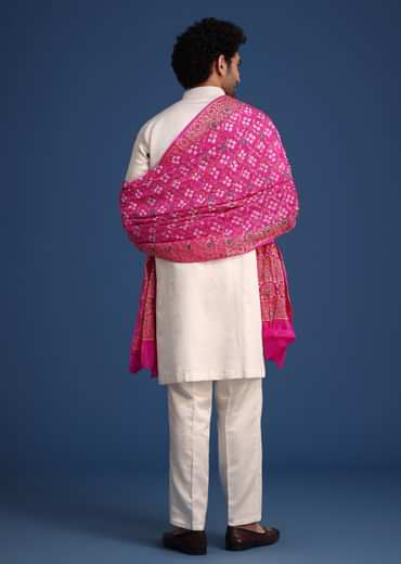 White Kurta Pant Set With Rani Pink Dupatta