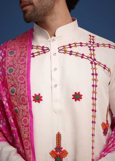 White Kurta Pant Set With Rani Pink Dupatta