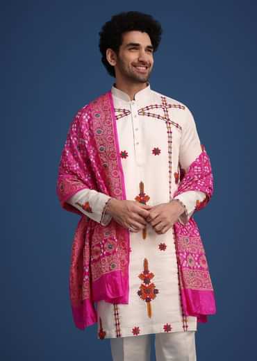 White Kurta Pant Set With Rani Pink Dupatta