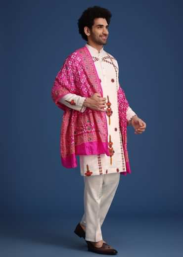 White Kurta Pant Set With Rani Pink Dupatta