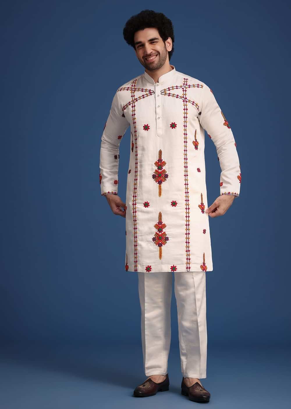 White Kurta Pant Set With Rani Pink Dupatta