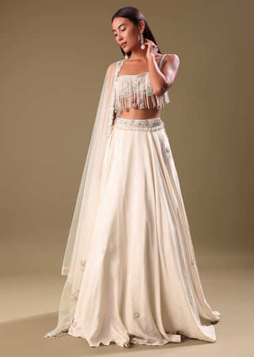 White Lehenga With Embroidered Blouse And Dupatta
