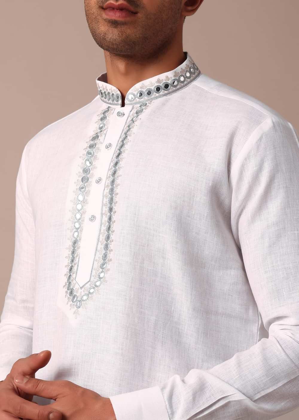 White Linen Kurta With Thread Detail Yoke