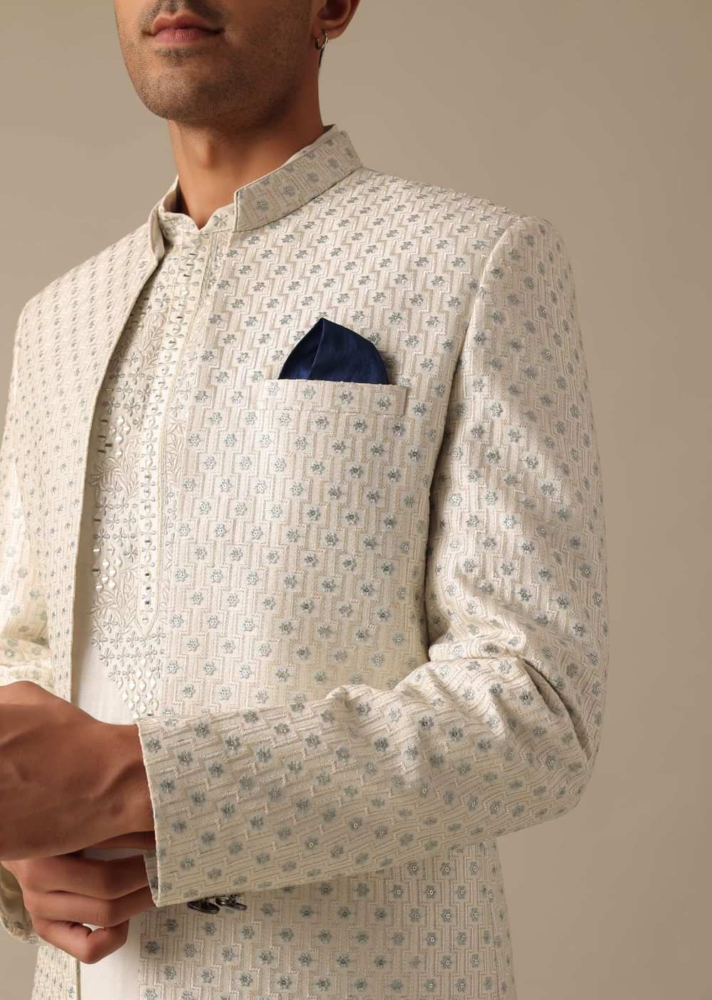 White Mirror Embellished Sherwani Set