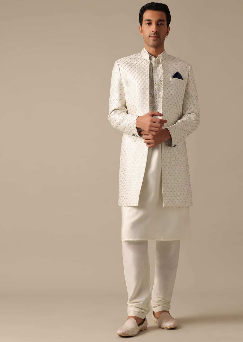 White Mirror Embellished Sherwani Set