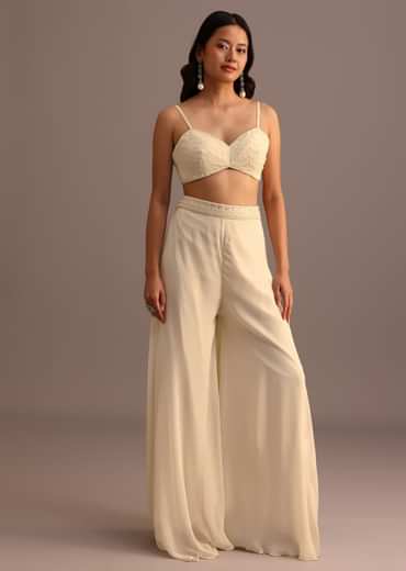 White Moti Work Croptop Palazzo Set With Cape