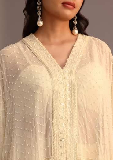 White Moti Work Croptop Palazzo Set With Cape