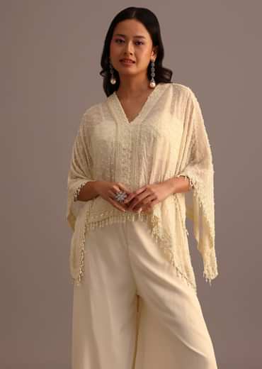 White Moti Work Croptop Palazzo Set With Cape