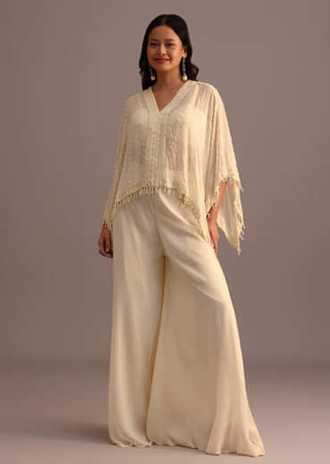 White Moti Work Croptop Palazzo Set With Cape