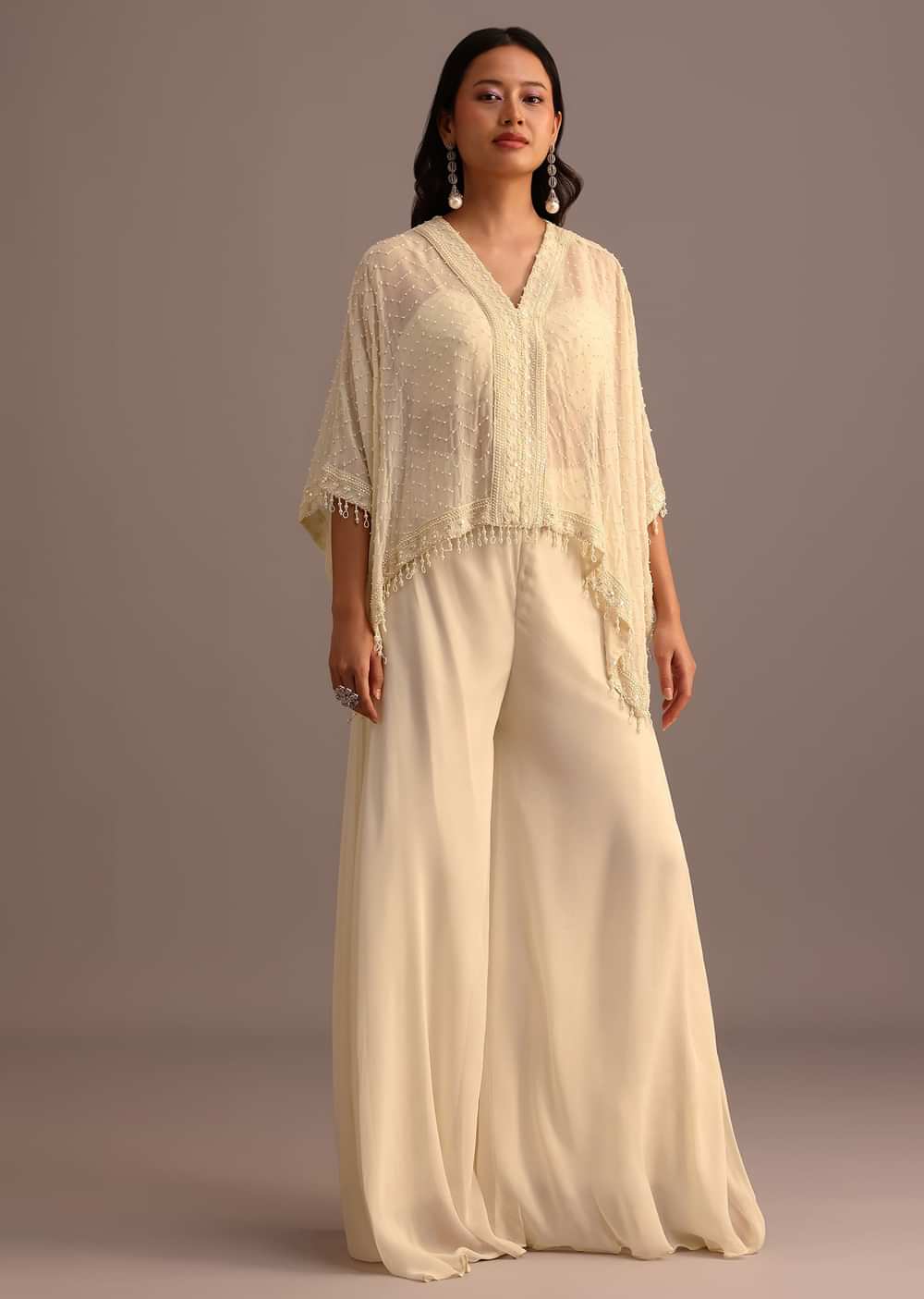 White Moti Work Croptop Palazzo Set With Cape