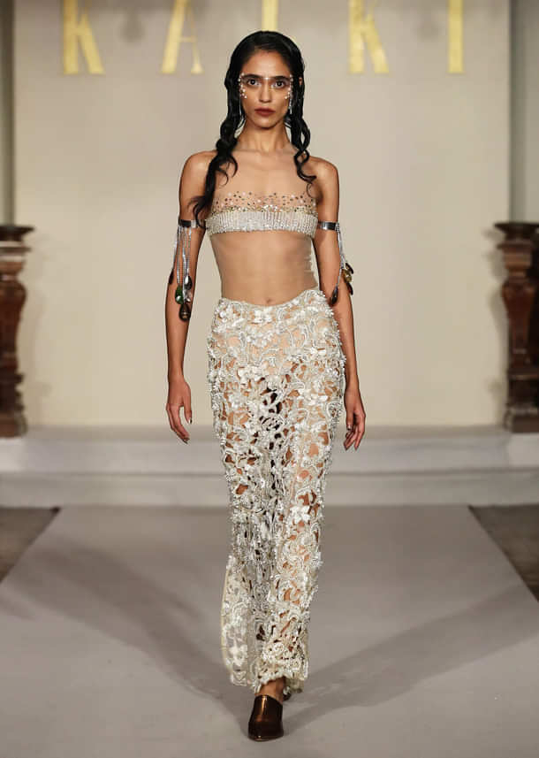 White Net Bridal Indo Western Skirt Set With Delicate Embroidery