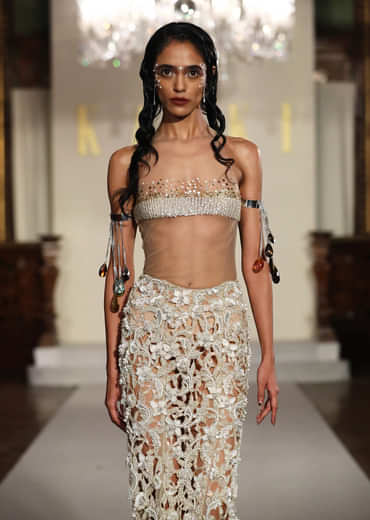 White Net Bridal Indo Western Skirt Set With Delicate Embroidery