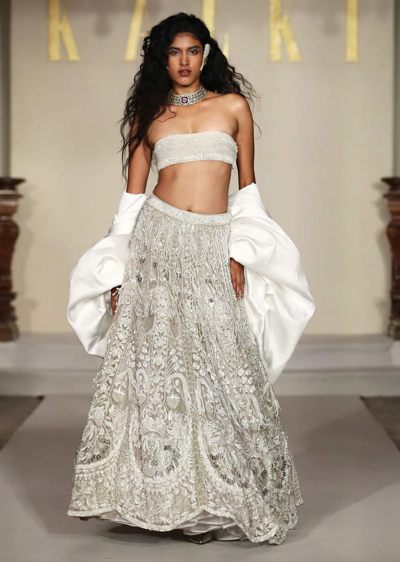 White Net Bridal Lehenga With Beads And Cutdana Embroidery