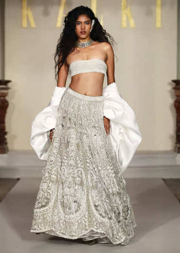 White Net Bridal Lehenga With Beads And Cutdana Embroidery